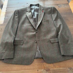 TailoRED Zegna Fabric Men's olive windowpane Blazer with violet/red Accents 48S